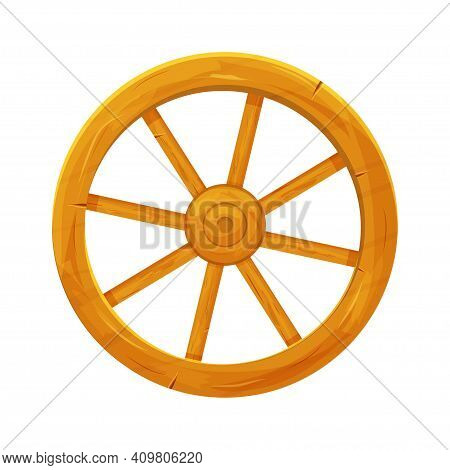 Wooden Wheel In Cartoon Style, Textured And Detailed Isolated On White Background. Wild West Ui Asse