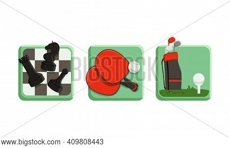 Square Sport Icons Set, Chess, Table Tennis, Golf Flat Vector Illustration