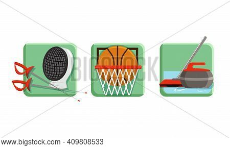 Square Sport Icons Set, Fencing, Basketball, Curling Flat Vector Illustration