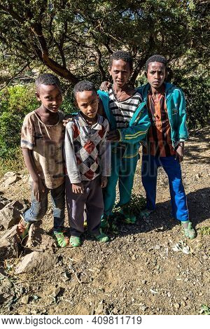 Axum, Ethiopia - Feb 10, 2020: Ethiopian Children Seen On The Road From Axum To Gheralta, Tigray In 