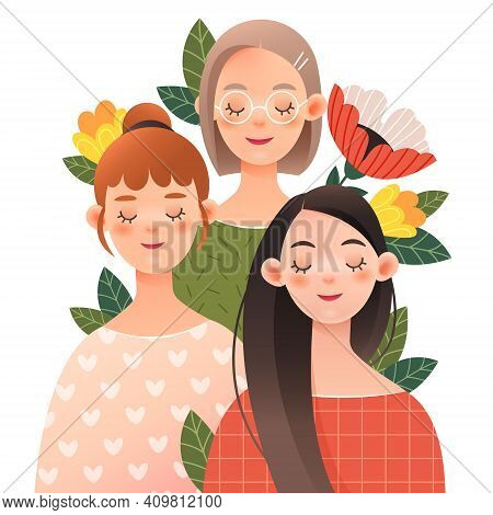 Three Lovely Girls With Closed Eyes In Spring Flowers.