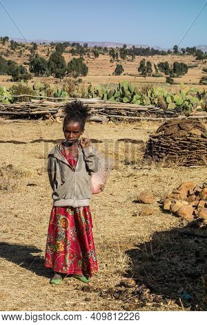 Axum, Ethiopia - Feb 10, 2020: Ethiopian Girl Seen On The Road From Axum To Gheralta, Tigray In Nort