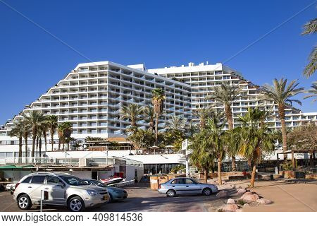 Israel, Eilat, March, 20, 2016 - Modern Multi-story Hotel On The Red Sea Coastline In Eilat, Middle 
