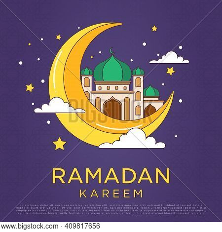 Simple Monoline Cartoon Ramadan Kareem Ornament With Bright Color Vector Illustration. Mosque And Mo