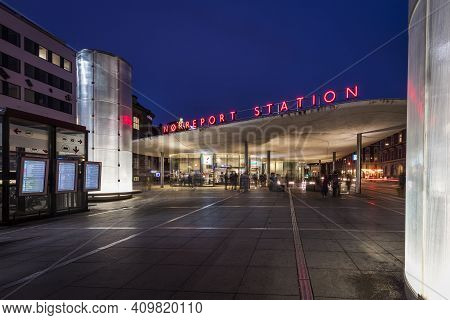 Copenhagen, Denmark - March 23 2018: Night Photo From The Busy Train Station Nørreport In Copenhagen