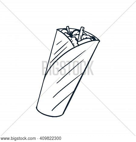 Diet Food Buritto Shawarma. Doodle Style. Illustration Isolated On A White Background. Suitable For 