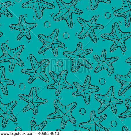 Doodle Starfish Seamless Pattern. Marine Wallpaper. Wrapping Sea Life. Vector Illustration