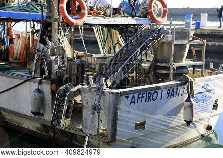 Numana (an), Italy - January 1, 2019: Fishing Boats At  Numana Port, Riviera Del Conero, Adriatic Se