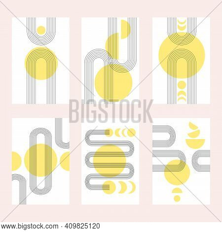 Set Of Abstract Posters With Boho Arches, Stripes And Simple Shapes In Yellow Colors. Boho Arch In M