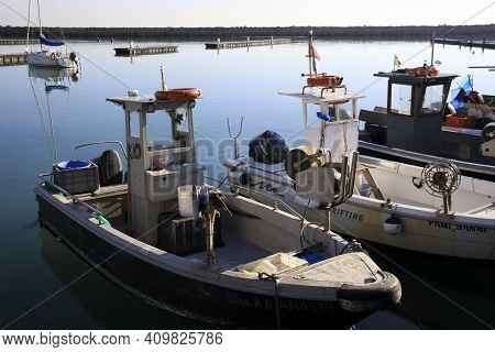 Numana (an), Italy - January 1, 2019: Fishing Boats At  Numana Port, Riviera Del Conero, Adriatic Se