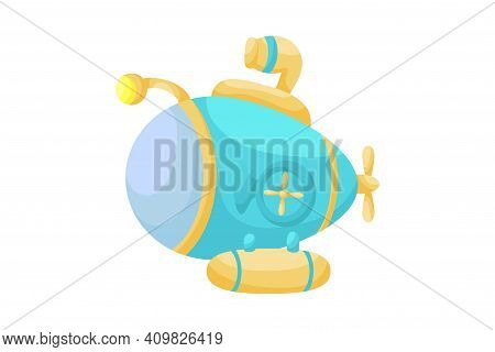 Cute Blue Submarine With Periscope On White Background. Cartoon Transport For Kids Cards, Baby Showe