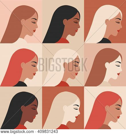 Woman Portraits Set In Minimal Style. Collection Of Female Faces Profile. Trendy Modern Fashionable 