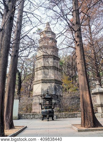 Stupa Courtyard With The Three Stupa's Set Up In The Qing Dynasty Next To The Huayan Temple In Yanku