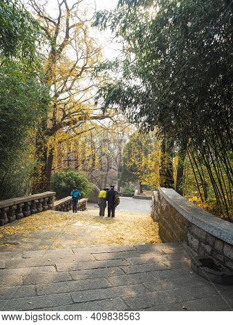 Qingdao, China - December 2017: Stairs Leading Up To The Huayan Temple In The Yanku Scenic Area At M