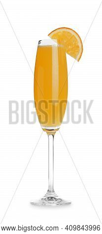 Fresh Alcoholic Mimosa Cocktail With Orange Slice Isolated On White