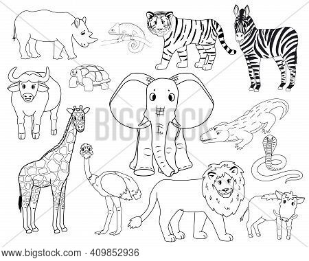 Set Of White Cartoon Isolated Outline Savannah Animals. Tiger Lion, Rhinoceros, Common Warthog, Afri