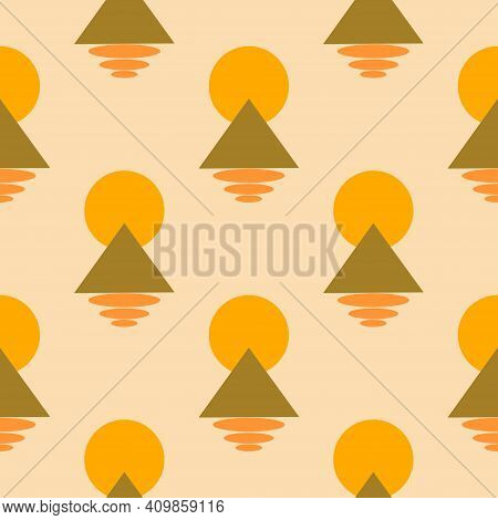 Abstract Seamless Pattern Triangle, Moon And Ovals Beige Background. Modern Trendy Print. Colorful B