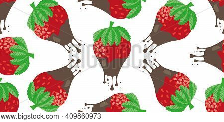 Chocolate Dipped Strawberry Seamless Border. Banner With Painterly Red Berries Dripping With Melting