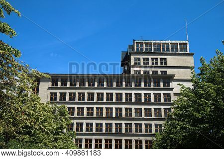 The Old Functionalist Office Building In Wroclaw. The Detail Of The Facade.