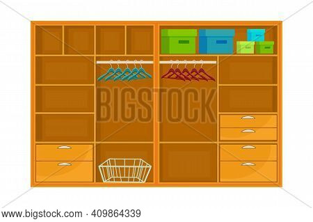 Closet Isolated On White Background. Empty Open Wardrobe With Hanger, Shelves And Drawers. Furniture