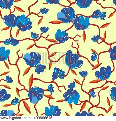 Seamless Pattern With Blue Bouquets. Spring Flowers. Floral Background For Textile Or Book Covers, M