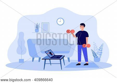 Happy Man Watching Online Sport Webinar And Doing Exercises At Home, Lifting Weight At Laptop, Keepi