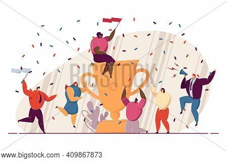Business Team Giving Winning Party, Celebrating Success, Getting Reward, Dancing Around Huge Prize C