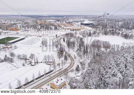 Lahti, Finland February 14, 2021. Photo From The Drone. City View, Residential Buildings And Streets