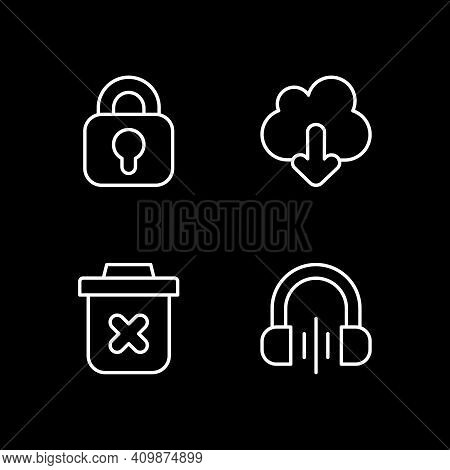 Modern Interface White Linear Icons Set For Dark Theme. Downloading Information From Cloud Server. N