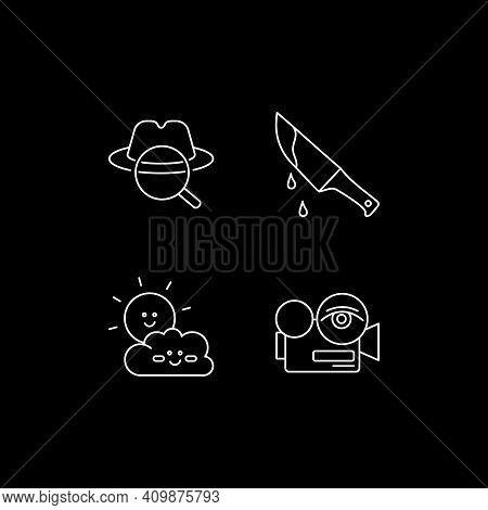 Film Genres Categories White Linear Icons Set For Dark Theme. Detective Movie. Children Cartoon. Nig