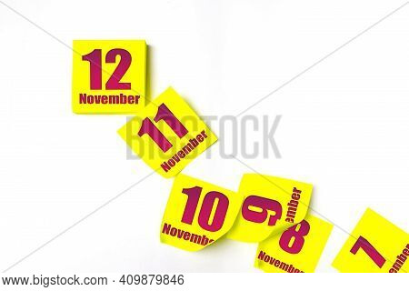 November 12nd. Day 12 Of Month, Calendar Date. Many Yellow Sheet Of The Calendar. Autumn Month, Day 