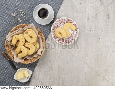 Chipas, Typical South American Cheese Bun In A Basket With Copy Space.