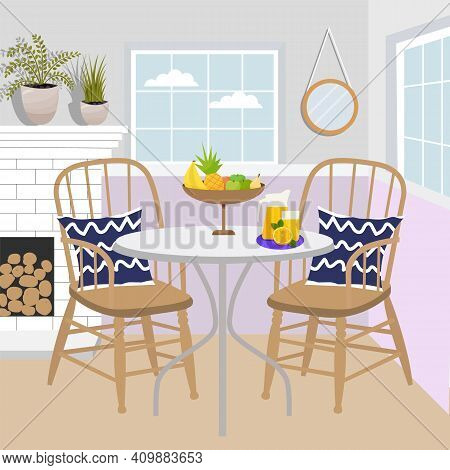 Royal Collection. Dining Table In Classic Style. Cozy Room Interior. Dining Table And Chairs, Firepl