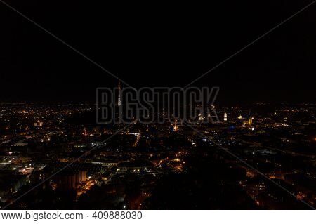 Night City Of Lviv, Aerial View, Illuminated Streets And Squares Of The City.