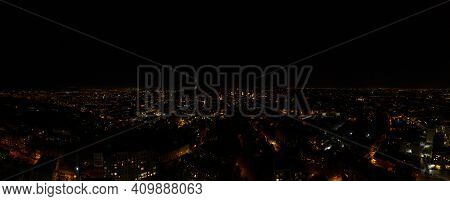 Night City Of Lviv, Aerial View, Illuminated Streets And Squares Of The City.