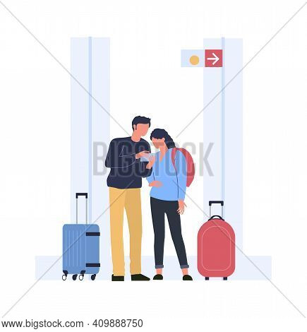 People Find Route To Board In Airport Terminal. Vector People In Airport, Passenger Find Route Direc