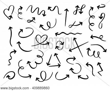 Hand Drawn Arrows. Doodle Curved Arrow Handmade Elements. Outline Direction Pointer Isolated Vector 
