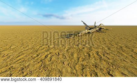 Concept or conceptual desert landscape with a parched tree trunck as a metaphor for global warming and climate change. A warning for the need to protect our environment and future 3d illustration