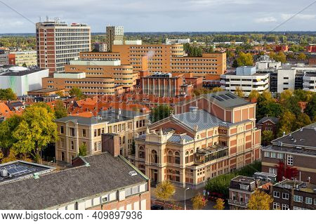 Groningen, The Netherlands - 18 Oct, 2020: Aerial Cityscape With The City Theatre And A Large Part O