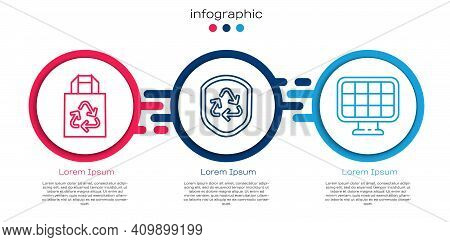 Set Line Paper Bag With Recycle, Recycle Symbol Inside Shield And Solar Energy Panel. Business Infog
