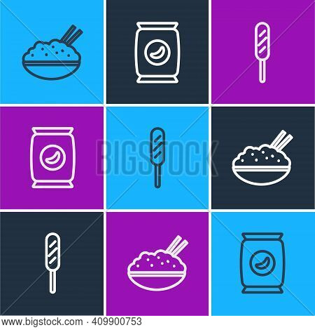 Set Line Rice In A Bowl With Chopstick, Corn Dog And Bag Packet Potato Chips Icon. Vector
