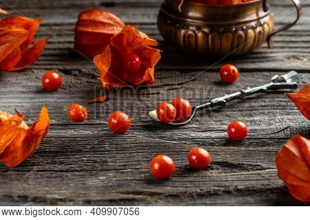 Physalis. Ripe Berries Of Autumn Red Physalis Fruit. Berries Fruit. Physalis Or Chinese Lantern Plan