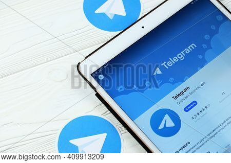 Kharkov, Ukraine - February 14, 2021: Telegram App In App Store Market On Ipad Display Screen. Teleg