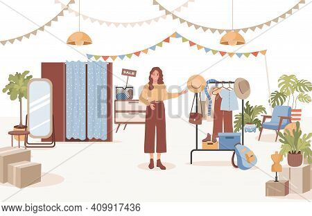 Smiling Woman Selling Vintage Clothes, Plants, And Furniture Vector Flat Illustration. Second Hand S