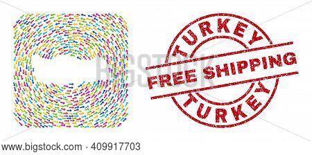 Vector Collage Turkey Map Of Moving Arrows And Grunge Free Shipping Stamp. Collage Geographic Turkey