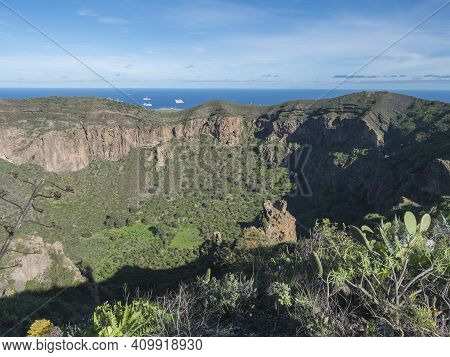 Volcanic Landscape Of Caldera De Bandama Crater With Circular Hiking Trail. Gran Canaria, Spain. Sun