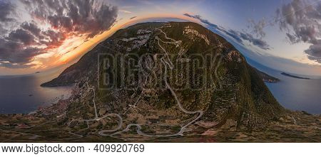 Aerial 360 Sphere Photo Of Komiza Sunset Over Adriatic Sea In Komiza Port On Vis Island In Summer