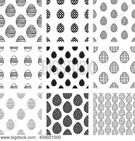 Easter Set Of Seamless Patterns From Handdrawn Doodle Eggs.
