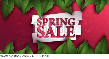 Spring Sale Background With Beautiful Green Leaves. Template Design For Flyers, Posters Or Brochures