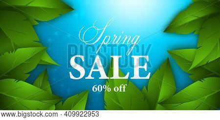 Spring Sale Background With Green Leaves On A Blue Backdrop. Template Design For Flyers, Posters Or 